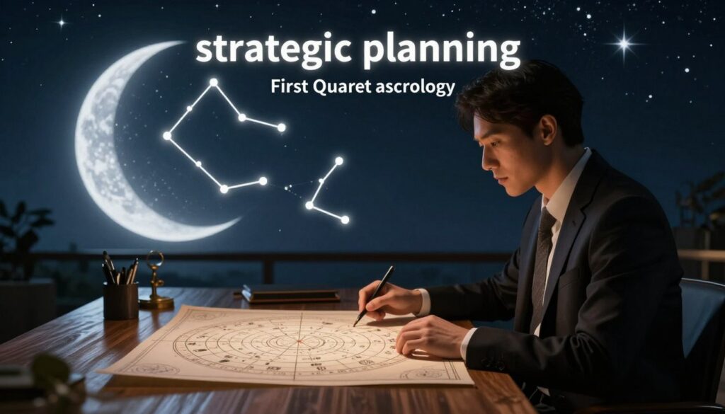 A mesmerizing scene depicting "strategic planning astrology" during the First Quarter Moon phase. In the foreground, a professional dressed in business attire studies an intricate astrological chart on a large wooden desk, illuminated by a soft, warm light. The middle ground features a celestial map highlighting the constellations with a glowing crescent moon nearby, symbolizing growth and challenge. In the background, a serene night sky filled with twinkling stars casts a calm yet motivational atmosphere, enhancing the sense of strategy. The lighting is dramatic yet balanced, emphasizing the contrast between shadows and the moon's glow. The overall mood conveys a blend of determination and inspiration, ideal for overcoming challenges in strategic planning.