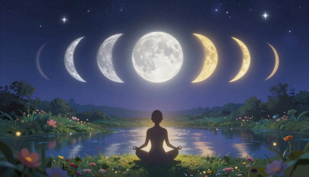 A mesmerizing scene depicting the lunar phases in a celestial alignment, capturing the essence of manifestation. In the foreground, an elegant silhouette of a person meditating, surrounded by glowing orbs representing the waxing moon phases, radiating soft silver and golden light. The middle ground shows a tranquil landscape with lush greenery and blooming flowers symbolizing growth and potential. The background features a deep indigo sky filled with twinkling stars, enhancing the mystical atmosphere. The moon’s glow casts gentle reflections on a serene body of water, creating a harmonious balance. Use a soft focus lens to capture a dreamy quality, with a slightly elevated angle for depth. The overall mood is one of calm determination and peaceful energy, inviting viewers to reflect on their manifestation journey.