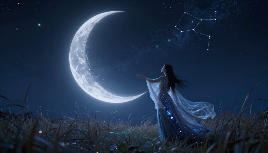 A mystical and serene scene depicting the astrological influence of the Balsamic Moon phase. In the foreground, a luminous crescent moon, tinged with deep blues and silvery hues, hangs low in the sky, casting soft light over a tranquil landscape. In the middle ground, an ethereal figure, dressed in flowing robes adorned with celestial patterns, stands contemplatively among tall grasses, their arms outstretched towards the moon. The background showcases a starry night sky, rich with constellations and a slight haze of nebulae, creating a dreamlike atmosphere. The lighting is soft and diffused, evoking a sense of calm and introspection, while the lens captures the scene from a low angle, enhancing the majestic presence of the moon and figure. The overall mood conveys mystery and the deep, transformative energy associated with the Balsamic Moon phase. A mystical and serene scene depicting the astrological influence of the Balsamic Moon phase. In the foreground, a luminous crescent moon, tinged with deep blues and silvery hues, hangs low in the sky, casting soft light over a tranquil landscape. In the middle ground, an ethereal figure, dressed in flowing robes adorned with celestial patterns, stands contemplatively among tall grasses, their arms outstretched towards the moon. The background showcases a starry night sky, rich with constellations and a slight haze of nebulae, creating a dreamlike atmosphere. The lighting is soft and diffused, evoking a sense of calm and introspection, while the lens captures the scene from a low angle, enhancing the majestic presence of the moon and figure. The overall mood conveys mystery and the deep, transformative energy associated with the Balsamic Moon phase.
