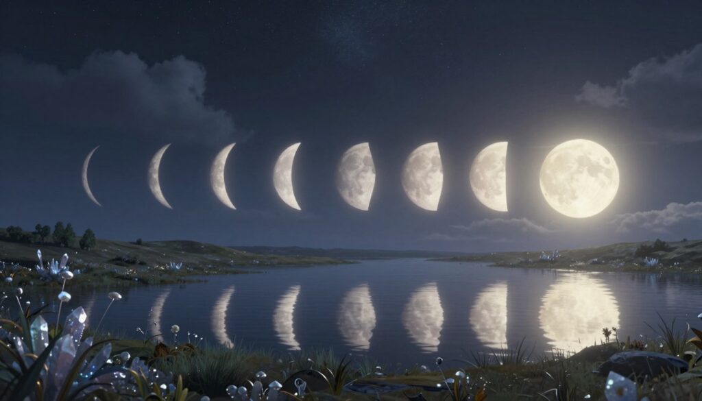 A mystical landscape illustrating the lunar cycle energy balance, featuring a series of moons in various phases from new moon to full moon, radiating soft, ethereal light. In the foreground, delicate plant life and crystalline structures reflect the moonlight, creating a serene and harmonious atmosphere. The middle ground showcases a tranquil body of water mirroring the moon phases above, enhancing the sense of balance and reflection. In the background, a star-filled sky with clouds subtly illuminated by the moonlight adds depth and context. The scene is captured with a wide-angle lens, emphasizing the expansive sky and the luminous moons, while gentle, cool-toned lighting evokes a sense of calm and connection with nature, promoting the theme of alignment with lunar energies.