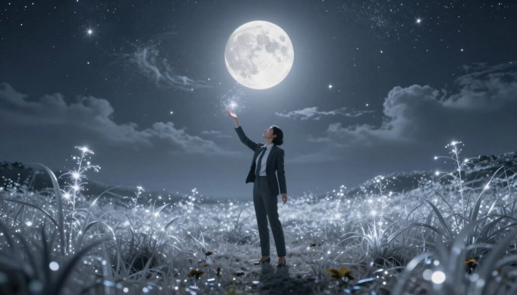 A mystical landscape under a full moon, radiating soft, silvery light that envelops the scene. In the foreground, a serene figure in professional business attire stands poised with arms raised, drawing in lunar energy. The middle ground features gently swaying, luminescent plants reflecting the moonlight, symbolizing growth and potential. In the background, an ethereal night sky filled with shimmering stars and wispy clouds creates a sense of wonder. The lighting is soft yet illuminating, suggesting a tranquil yet powerful atmosphere. The angle captures a slight upward tilt, emphasizing the magic of the moment while maintaining a professional aesthetic. This image embodies the themes of manifestation and the importance of aligning oneself with lunar energy. A mystical landscape under a full moon, radiating soft, silvery light that envelops the scene. In the foreground, a serene figure in professional business attire stands poised with arms raised, drawing in lunar energy. The middle ground features gently swaying, luminescent plants reflecting the moonlight, symbolizing growth and potential. In the background, an ethereal night sky filled with shimmering stars and wispy clouds creates a sense of wonder. The lighting is soft yet illuminating, suggesting a tranquil yet powerful atmosphere. The angle captures a slight upward tilt, emphasizing the magic of the moment while maintaining a professional aesthetic. This image embodies the themes of manifestation and the importance of aligning oneself with lunar energy.