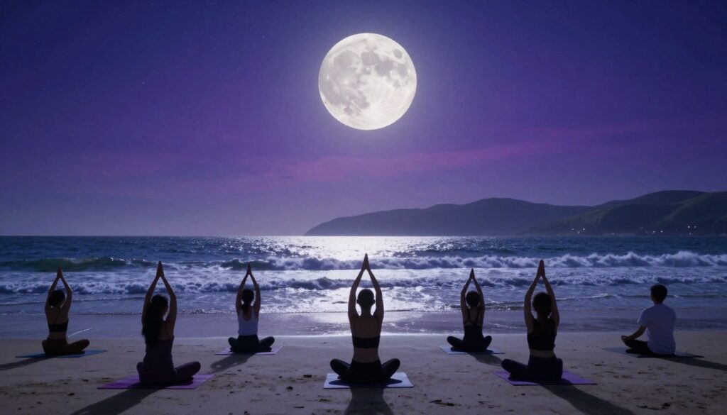 A mystical night scene depicting the influence of the moon on energy levels. In the foreground, silhouettes of diverse individuals practicing yoga on a tranquil beach, their poses reflecting balance and serenity. In the middle ground, gentle waves lapping at the shore under a luminous full moon, which casts a silver glow over the scene, creating a sense of calm energy. In the background, soft, rolling hills against a starry sky filled with vibrant celestial colors transitioning from deep purple to midnight blue. The atmosphere is tranquil and reflective, highlighting the connection between the moon, the tides, and the energetic harmony within nature. The lighting is soft and ethereal, captured with a wide-angle lens to convey expansiveness and depth. A mystical night scene depicting the influence of the moon on energy levels. In the foreground, silhouettes of diverse individuals practicing yoga on a tranquil beach, their poses reflecting balance and serenity. In the middle ground, gentle waves lapping at the shore under a luminous full moon, which casts a silver glow over the scene, creating a sense of calm energy. In the background, soft, rolling hills against a starry sky filled with vibrant celestial colors transitioning from deep purple to midnight blue. The atmosphere is tranquil and reflective, highlighting the connection between the moon, the tides, and the energetic harmony within nature. The lighting is soft and ethereal, captured with a wide-angle lens to convey expansiveness and depth.