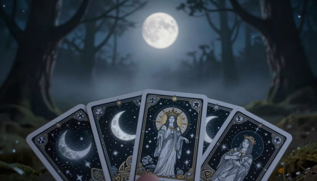 A mystical scene featuring tarot cards, prominently displaying moon symbolism in intricate designs. In the foreground, a few tarot cards are fanned out, illuminated softly by gentle moonlight, revealing symbols like crescent moons, stars, and the High Priestess. The middle ground showcases a mysterious, slightly foggy forest, where the moon hangs high in the night sky, casting a silvery glow that enhances the card imagery. The background features silhouettes of ancient trees under a starry sky, evoking a sense of mystery and tranquility. Use a soft focus lens to create an ethereal atmosphere, with cool color tones and shadows adding depth, inviting contemplation on lunar energy and its significance in tarot readings. A mystical scene featuring tarot cards, prominently displaying moon symbolism in intricate designs. In the foreground, a few tarot cards are fanned out, illuminated softly by gentle moonlight, revealing symbols like crescent moons, stars, and the High Priestess. The middle ground showcases a mysterious, slightly foggy forest, where the moon hangs high in the night sky, casting a silvery glow that enhances the card imagery. The background features silhouettes of ancient trees under a starry sky, evoking a sense of mystery and tranquility. Use a soft focus lens to create an ethereal atmosphere, with cool color tones and shadows adding depth, inviting contemplation on lunar energy and its significance in tarot readings.