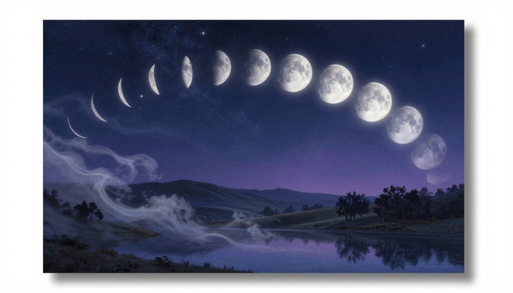 A mystical, serene depiction of the moon phases, showcasing the transition from new moon to full moon, cascading in a circular formation across the canvas. The foreground features sparkling stars and ethereal wisps of clouds drifting subtly, illuminated by the moonlight. In the middle ground, a tranquil landscape of rolling hills and silhouetted trees gently curves, reflecting the calm of a nighttime scene. The background reveals a deep, starry sky with varying shades of blue and violet, creating a celestial atmosphere. Soft, silvery light cascades from the moons, casting gentle reflections on a serene lake below. The mood is introspective and dreamy, inviting viewers to explore the connection between the lunar cycle and emotional intuition. Shot with a wide-angle lens to capture the expansive sky and the intimate landscape. A mystical, serene depiction of the moon phases, showcasing the transition from new moon to full moon, cascading in a circular formation across the canvas. The foreground features sparkling stars and ethereal wisps of clouds drifting subtly, illuminated by the moonlight. In the middle ground, a tranquil landscape of rolling hills and silhouetted trees gently curves, reflecting the calm of a nighttime scene. The background reveals a deep, starry sky with varying shades of blue and violet, creating a celestial atmosphere. Soft, silvery light cascades from the moons, casting gentle reflections on a serene lake below. The mood is introspective and dreamy, inviting viewers to explore the connection between the lunar cycle and emotional intuition. Shot with a wide-angle lens to capture the expansive sky and the intimate landscape.