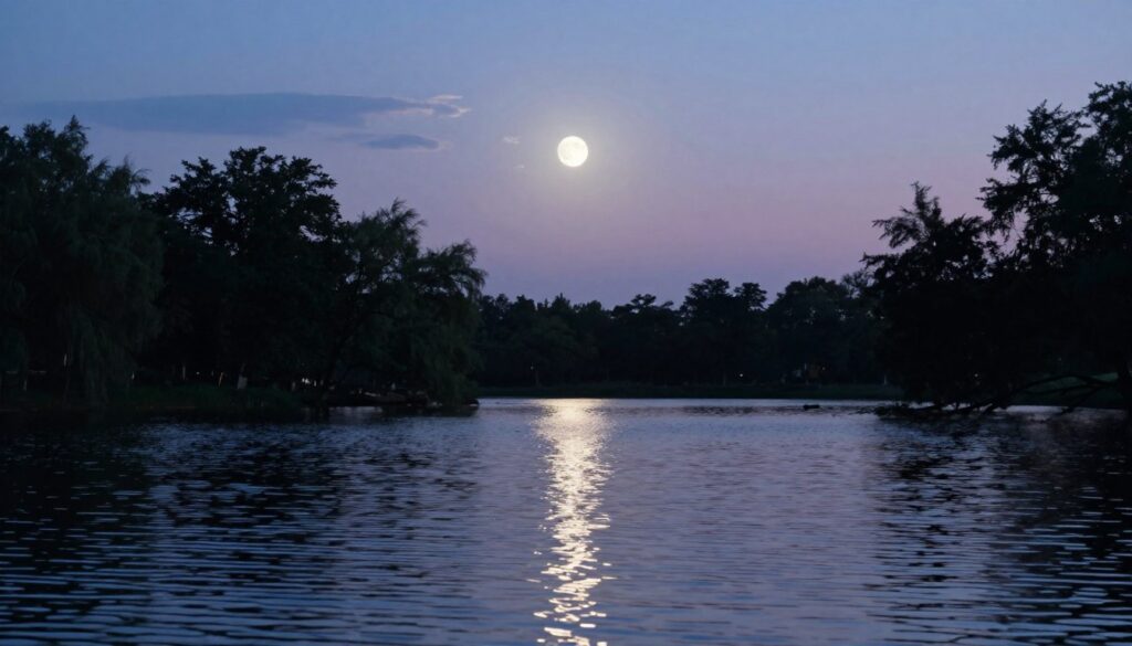 A serene Last Quarter Moon reflected on a calm lake at twilight. In the foreground, gentle ripples create a soft shimmer on the water's surface, capturing the moonlight. The middle ground features silhouetted trees framing the lake, their branches gently swaying in a light breeze. The background reveals a gradient sky transitioning from deep blue to soft lavender, dotted with a few wispy clouds. Use soft, diffused lighting to enhance the tranquil atmosphere, with the moon casting a silver glow across the scene. An angle that slightly above the water's edge provides a peaceful perspective, evoking contemplation and introspection. The overall mood should be calm, reflective, and inviting, perfect for journaling and reviewing thoughts during this moon phase.