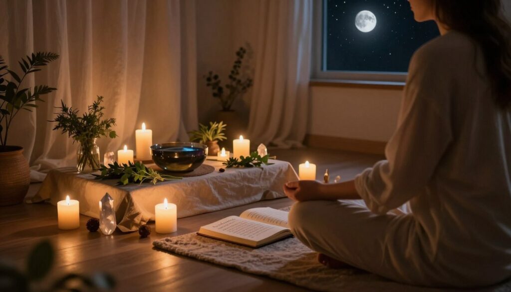 A serene New Moon scene depicting a tranquil healing practice in a dimly lit room. In the foreground, a practitioner in modest casual clothing is seated cross-legged on a soft mat, surrounded by flickering candles and delicate crystals, radiating healing energy. In the middle ground, an altar is adorned with fresh herbs, a small bowl of water reflecting the dark sky, and an open journal with notes on intentions. The background features soft, cascading drapes, creating a peaceful ambiance, while a window reveals a glimpse of the starry night sky. The lighting is warm and gentle, casting soft shadows that enhance the calming atmosphere, evoking a mood of introspection and renewal, perfectly aligned with the New Moon's transformative energy. A serene New Moon scene depicting a tranquil healing practice in a dimly lit room. In the foreground, a practitioner in modest casual clothing is seated cross-legged on a soft mat, surrounded by flickering candles and delicate crystals, radiating healing energy. In the middle ground, an altar is adorned with fresh herbs, a small bowl of water reflecting the dark sky, and an open journal with notes on intentions. The background features soft, cascading drapes, creating a peaceful ambiance, while a window reveals a glimpse of the starry night sky. The lighting is warm and gentle, casting soft shadows that enhance the calming atmosphere, evoking a mood of introspection and renewal, perfectly aligned with the New Moon's transformative energy.
