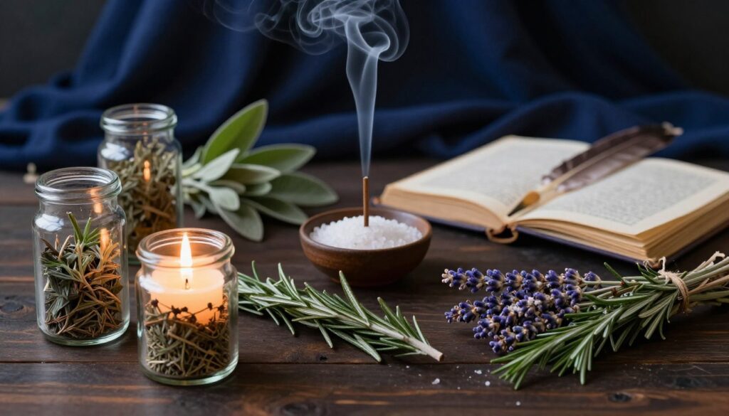 A serene altar scene dedicated to the practice of releasing rituals, featuring an assortment of fresh herbs including sage, rosemary, and lavender, arranged elegantly on a dark wooden surface. In the foreground, delicate glass jars containing dried herbs catch the soft, golden light from a nearby candle, creating a warm glow. The middle ground includes a small bowl of salt and an incense stick emitting wisps of fragrant smoke, while a well-worn journal lies open, with a quill beside it, suggesting intention and reflection. In the background, a mystic, dark blue fabric drapes softly, adding depth to the atmosphere. The overall mood is calm, inviting, and introspective, with soft shadows enhancing the tranquil setting. The image should evoke a sense of sacred space without any text or distractions. A serene altar scene dedicated to the practice of releasing rituals, featuring an assortment of fresh herbs including sage, rosemary, and lavender, arranged elegantly on a dark wooden surface. In the foreground, delicate glass jars containing dried herbs catch the soft, golden light from a nearby candle, creating a warm glow. The middle ground includes a small bowl of salt and an incense stick emitting wisps of fragrant smoke, while a well-worn journal lies open, with a quill beside it, suggesting intention and reflection. In the background, a mystic, dark blue fabric drapes softly, adding depth to the atmosphere. The overall mood is calm, inviting, and introspective, with soft shadows enhancing the tranquil setting. The image should evoke a sense of sacred space without any text or distractions.