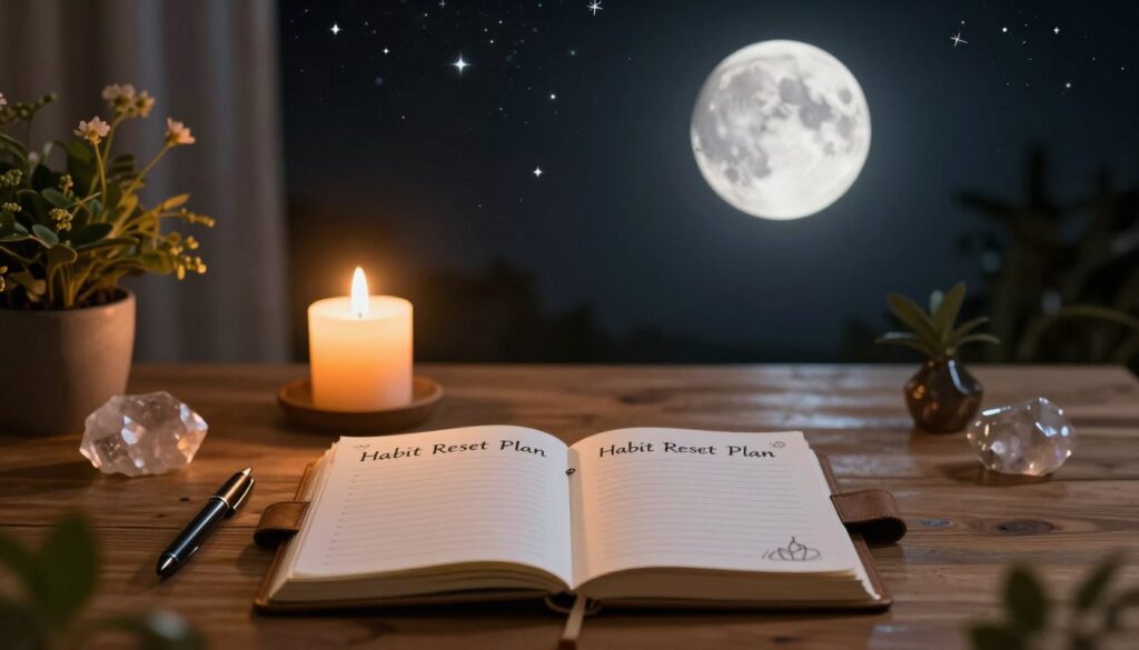 A serene and balanced scene depicting a "New Moon Habit Reset" plan. In the foreground, a cozy wooden table is adorned with a beautifully designed planner, open to a fresh page titled "Habit Reset Plan," surrounded by essential stationery like pens and crystals. In the middle ground, a soft-lit candle flickers gently, casting a warm glow, symbolizing new beginnings. Subtle hints of nature, like green plants and delicate flowers, frame the table, enhancing the calm atmosphere. The background features a dark sky with a prominent new moon shining brightly, surrounded by twinkling stars, evoking a sense of hope and renewal. The overall lighting is warm and inviting, capturing a peaceful, reflective mood, encouraging viewers to contemplate their habits as they embrace the new moon phase.