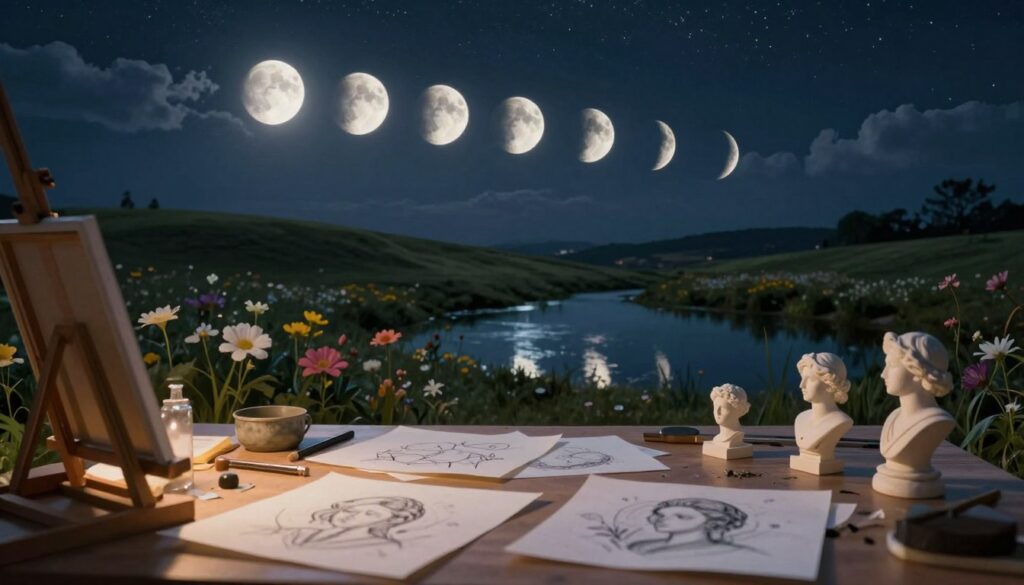 A serene and contemplative scene depicting the waning phases of the moon over a tranquil landscape. In the foreground, a well-organized artist's workspace with scattered sketches, half-finished sculptures, and warm, inviting lighting that casts soft shadows. In the middle ground, a gentle hill with blooming flowers and a small pond reflecting the various phases of the moon in the night sky, transitioning from a gibbous to a crescent moon. The background features a starry sky with a scattering of clouds, creating an ethereal atmosphere. The overall mood is one of reflection and inspiration, encouraging the viewer to consider the influence of the moon’s diminishing light on creative processes. Use a soft focus to evoke a sense of calm and introspection. A serene and contemplative scene depicting the waning phases of the moon over a tranquil landscape. In the foreground, a well-organized artist's workspace with scattered sketches, half-finished sculptures, and warm, inviting lighting that casts soft shadows. In the middle ground, a gentle hill with blooming flowers and a small pond reflecting the various phases of the moon in the night sky, transitioning from a gibbous to a crescent moon. The background features a starry sky with a scattering of clouds, creating an ethereal atmosphere. The overall mood is one of reflection and inspiration, encouraging the viewer to consider the influence of the moon’s diminishing light on creative processes. Use a soft focus to evoke a sense of calm and introspection.