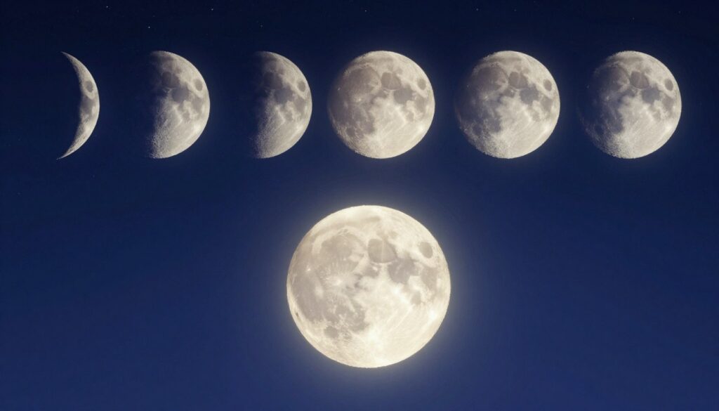 A serene and detailed representation of the lunar cycle, showcasing the eight distinct phases of the moon across a starry night sky. In the foreground, a close-up view of a full moon glowing brightly, with intricate textures and craters visible. The middle ground features the transition phases of the moon, from new moon to waxing crescent, first quarter, and waxing gibbous, with soft gradient lighting highlighting each phase. The background should display a deep blue and indigo sky filled with twinkling stars, enhancing the celestial theme. The atmosphere is calm and reflective, evoking a sense of wonder about the lunar cycle. Use a gentle, soft focus for a dreamy effect, and ensure the imagery is harmonious and scientifically inspired, without any text or additional elements. A serene and detailed representation of the lunar cycle, showcasing the eight distinct phases of the moon across a starry night sky. In the foreground, a close-up view of a full moon glowing brightly, with intricate textures and craters visible. The middle ground features the transition phases of the moon, from new moon to waxing crescent, first quarter, and waxing gibbous, with soft gradient lighting highlighting each phase. The background should display a deep blue and indigo sky filled with twinkling stars, enhancing the celestial theme. The atmosphere is calm and reflective, evoking a sense of wonder about the lunar cycle. Use a gentle, soft focus for a dreamy effect, and ensure the imagery is harmonious and scientifically inspired, without any text or additional elements.