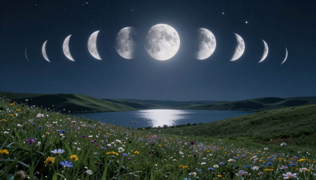 A serene and enchanting landscape illuminated by the waxing moon, showcasing its various phases in a celestial arrangement across the night sky. The foreground features lush green hills with soft, blooming wildflowers sparkling under the moonlight. In the middle ground, a tranquil lake reflects the moon's glow, enhancing the calm energy. The background reveals a starry sky filled with twinkling stars, creating an atmosphere of magic and wonder. The overall lighting is soft and ethereal, with a focus on the moon's silvery brightness. Capture this scene with a wide-angle lens to emphasize the expansive view, giving a sense of connection to the universe, while conveying a mood of hope and inspiration for manifestation.