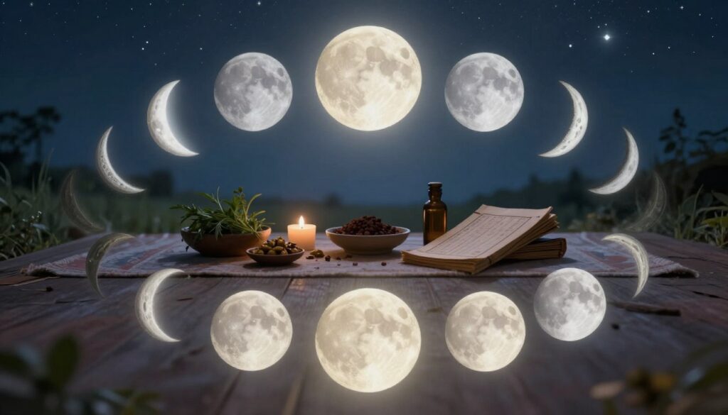 A serene and enchanting portrayal of the lunar phases illustrated through Ayurvedic symbols. In the foreground, a gentle depiction of the full moon and its various phases (new moon, waxing crescent, first quarter, waxing gibbous, full moon, waning gibbous, last quarter, and waning crescent) arranged in a circular layout. The middle ground features a tranquil Ayurvedic practitioners' workspace with herbs, oils, and traditional Ayurveda texts. The background includes a night sky filled with stars, softly illuminated by the moonlight, creating a calming atmosphere. Utilize soft, natural lighting to emphasize the connection between the moon and natural wellness. The overall mood should evoke peace, balance, and a sense of harmony with nature, captured in a dreamy, ethereal style. A serene and enchanting portrayal of the lunar phases illustrated through Ayurvedic symbols. In the foreground, a gentle depiction of the full moon and its various phases (new moon, waxing crescent, first quarter, waxing gibbous, full moon, waning gibbous, last quarter, and waning crescent) arranged in a circular layout. The middle ground features a tranquil Ayurvedic practitioners' workspace with herbs, oils, and traditional Ayurveda texts. The background includes a night sky filled with stars, softly illuminated by the moonlight, creating a calming atmosphere. Utilize soft, natural lighting to emphasize the connection between the moon and natural wellness. The overall mood should evoke peace, balance, and a sense of harmony with nature, captured in a dreamy, ethereal style.