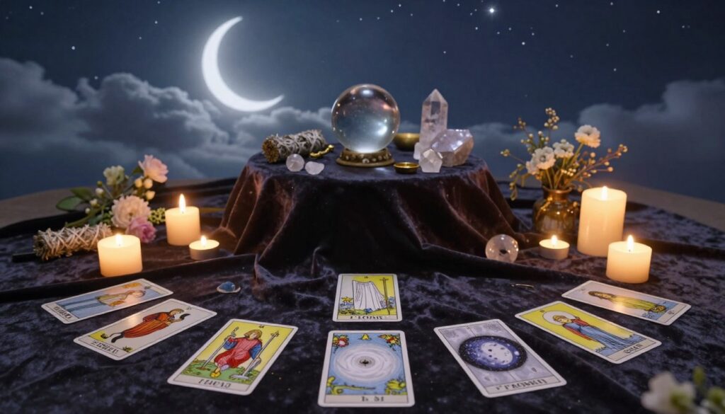 A serene and enchanting scene depicting a New Moon Tarot practice setting. In the foreground, a beautifully arranged tarot spread featuring the Fool, the High Priestess, and the Moon cards, elegantly laid out on a soft, dark velvet cloth, accompanied by candles casting a warm glow. In the middle ground, a round table adorned with mystical crystals, sage bundles, and a small crystal ball, surrounded by delicate floral arrangements. The background features a starlit sky with a crescent moon partially obscured by clouds, creating an ethereal atmosphere. Soft, diffused lighting casts gentle shadows, evoking a tranquil, introspective mood perfect for spiritual reflection. The angle captures the entire scene with a slightly overhead perspective for depth, inviting the viewer into this magical practice. A serene and enchanting scene depicting a New Moon Tarot practice setting. In the foreground, a beautifully arranged tarot spread featuring the Fool, the High Priestess, and the Moon cards, elegantly laid out on a soft, dark velvet cloth, accompanied by candles casting a warm glow. In the middle ground, a round table adorned with mystical crystals, sage bundles, and a small crystal ball, surrounded by delicate floral arrangements. The background features a starlit sky with a crescent moon partially obscured by clouds, creating an ethereal atmosphere. Soft, diffused lighting casts gentle shadows, evoking a tranquil, introspective mood perfect for spiritual reflection. The angle captures the entire scene with a slightly overhead perspective for depth, inviting the viewer into this magical practice.