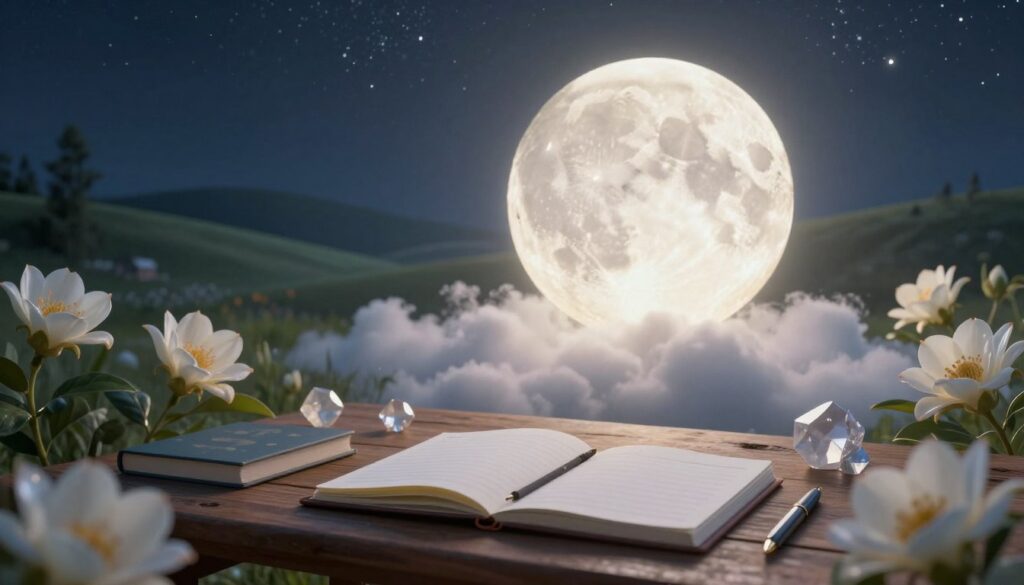 A serene and ethereal setting depicting the lunar cycle in a calm outdoor environment. In the foreground, a large, luminous new moon gently illuminates the scene, surrounded by soft cotton-wool clouds. Below, a wooden table is adorned with open notebooks, pens, and crystal elements, symbolizing intention setting. In the middle ground, blooming moonflowers frame the table, their petals softly glistening under the moonlight. In the background, a tranquil landscape of rolling hills and a starry sky sets a peaceful mood, with faint twinkling stars adding a sense of wonder. The lighting is soft and diffused, creating an inviting atmosphere, shot from a slightly elevated angle to capture the enchanting scenery and elements of content planning.