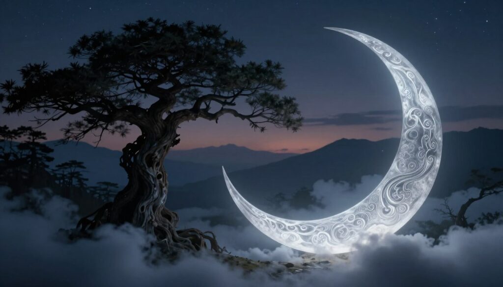 A serene and evocative representation of waning moon symbolism in art. In the foreground, feature an intricately designed crescent moon, softly glowing in silver and blue hues, delicately framed by ethereal clouds. In the middle, include silhouttes of ancient trees with twisting branches, symbolizing the passage of time, against a backdrop of an early night sky transitioning from twilight to darkness. The background should depict distant mountains underneath a subtle, starry sky, capturing the mystique of nature's cycles. Use a soft, diffused lighting effect to create a tranquil and reflective atmosphere, evoking feelings of introspection and change. The angle should be slightly elevated, offering a view that invites contemplation of the waning moon's significance in art and literature. A serene and evocative representation of waning moon symbolism in art. In the foreground, feature an intricately designed crescent moon, softly glowing in silver and blue hues, delicately framed by ethereal clouds. In the middle, include silhouttes of ancient trees with twisting branches, symbolizing the passage of time, against a backdrop of an early night sky transitioning from twilight to darkness. The background should depict distant mountains underneath a subtle, starry sky, capturing the mystique of nature's cycles. Use a soft, diffused lighting effect to create a tranquil and reflective atmosphere, evoking feelings of introspection and change. The angle should be slightly elevated, offering a view that invites contemplation of the waning moon's significance in art and literature.
