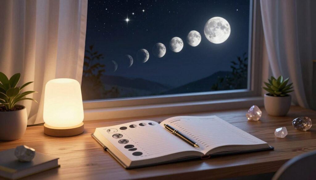 A serene and harmonious workspace designed for lunar cycle budgeting. In the foreground, a stylish wooden desk with a soft, glowing lamp casting warm light over a neatly arranged planner adorned with lunar phases. An elegant pen rests on the planner, alongside natural elements like crystals and a small potted plant. In the middle, a large window reveals a night sky filled with stars, the moon in its various phases elegantly transitioning across the scene. The background features soft curtains gently swaying, with the silhouette of distant mountains creating a tranquil atmosphere. The overall mood is peaceful and focused, emphasizing the connection between nature and intelligent budgeting practices, captured in soft, natural lighting with a slight depth of field effect. A serene and harmonious workspace designed for lunar cycle budgeting. In the foreground, a stylish wooden desk with a soft, glowing lamp casting warm light over a neatly arranged planner adorned with lunar phases. An elegant pen rests on the planner, alongside natural elements like crystals and a small potted plant. In the middle, a large window reveals a night sky filled with stars, the moon in its various phases elegantly transitioning across the scene. The background features soft curtains gently swaying, with the silhouette of distant mountains creating a tranquil atmosphere. The overall mood is peaceful and focused, emphasizing the connection between nature and intelligent budgeting practices, captured in soft, natural lighting with a slight depth of field effect.