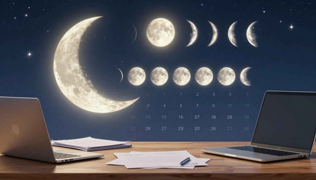 A serene and inspiring lunar calendar design for business planning, featuring a prominent moon cycle illustration with detailed phases of the moon like new moon, waxing crescent, full moon, and waning gibbous. In the foreground, include a stylish wooden desk with sleek business planning tools, such as a laptop and organized papers, all reflecting productivity and clarity. In the middle ground, integrate a gentle, glowing moonlight illuminating an elegant calendar that highlights various lunar phases. The background should depict a tranquil night sky filled with twinkling stars, evoking a sense of calm and inspiration. The scene should be soft-lit with a warm ambiance to promote positive energy and creativity, capturing the essence of utilizing lunar cycles for strategic decision-making.