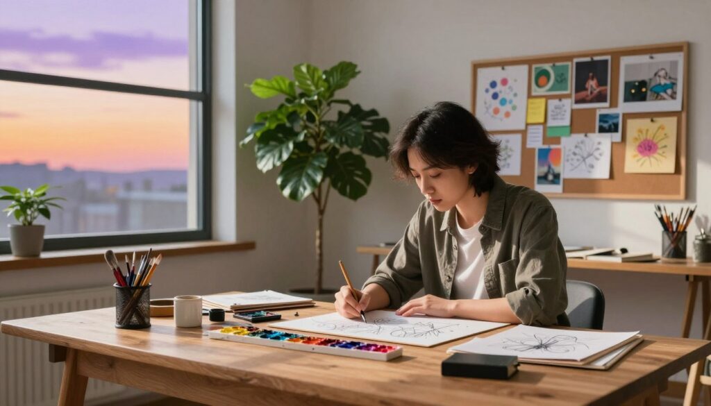 A serene and inspiring workspace is depicted in the foreground, showcasing an artist at a large wooden desk, dressed in smart casual attire, deeply engaged in creative work. Bright, natural light pours through a large window, casting soft shadows and highlighting vibrant tools like paints and sketchpads scattered around. The middle ground features a lush indoor plant, symbolizing growth and potential, alongside a vision board filled with colorful ideas and images. In the background, a pale sky transitions from daylight to twilight, representing the waxing energy—soft gradients of orange and purple invoke warmth and inspiration. The atmosphere is both tranquil and invigorating, encouraging a sense of focus and creativity while overcoming creative blocks. The scene captures a moment of transformation, embodying the essence of harnessing energy to enhance artistic endeavors.