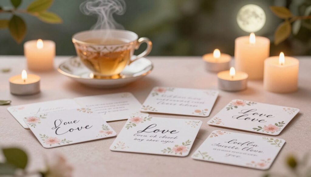 A serene and inviting scene showcasing a collection of beautifully designed love affirmations scattered on a soft, pastel-colored surface. In the foreground, a variety of affirmation cards, each elegantly adorned with floral motifs and gentle calligraphy, display messages of love and positivity. The middle ground features a delicate teacup with steaming herbal tea, surrounded by candles casting a warm, golden glow. The background is softly blurred, depicting a tranquil nature setting with gentle moonlight filtering through lush leaves, enhancing the theme of manifestation during the waxing moon. The mood is peaceful and uplifting, inviting warmth and romance, captured with soft, diffused lighting from the candles, using a shallow depth of field to emphasize the affirmations. A serene and inviting scene showcasing a collection of beautifully designed love affirmations scattered on a soft, pastel-colored surface. In the foreground, a variety of affirmation cards, each elegantly adorned with floral motifs and gentle calligraphy, display messages of love and positivity. The middle ground features a delicate teacup with steaming herbal tea, surrounded by candles casting a warm, golden glow. The background is softly blurred, depicting a tranquil nature setting with gentle moonlight filtering through lush leaves, enhancing the theme of manifestation during the waxing moon. The mood is peaceful and uplifting, inviting warmth and romance, captured with soft, diffused lighting from the candles, using a shallow depth of field to emphasize the affirmations.