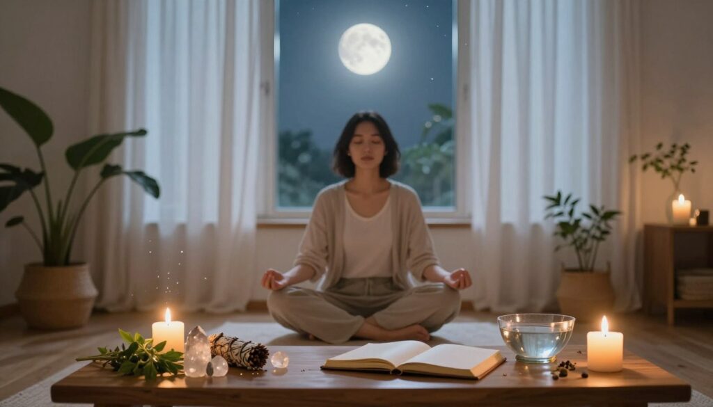 A serene and inviting space for manifestation techniques, featuring a soft-lit room with gentle candlelight casting warm glows. In the foreground, a wooden table adorned with crystals, a journal, and a sage bundle, surrounded by fresh herbs and a small bowl of water. In the middle, a peaceful individual dressed in modest casual clothing, sitting cross-legged and meditating with closed eyes, radiating calm energy. The background includes large, airy windows with sheer curtains that softly diffuse moonlight, creating a magical atmosphere. A few potted plants add a touch of nature, while subtle sparkles in the air enhance the feeling of intention and focus. The overall mood is tranquil and inspiring, perfect for preparing to manifest desires under the new moon.