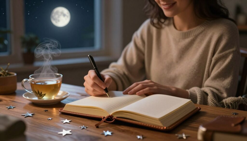 A serene and inviting workspace set under the soft glow of a new moon. In the foreground, a beautifully crafted leather journal lies open on a wooden desk, with delicate silver stars scattered around it. A cup of herbal tea, steam gently rising, sits beside the journal. In the middle ground, a peaceful person in comfortable, modest clothing is immersed in writing, their expression reflective and joyful. They are seated on a cozy chair, with a soft throw blanket draped over their lap. The background features a window with a view of the night sky, where the new moon glimmers subtly among faint stars. The warm, ambient lighting casts a gentle, calming atmosphere, evoking a sense of introspection and mindfulness associated with new moon journaling. A serene and inviting workspace set under the soft glow of a new moon. In the foreground, a beautifully crafted leather journal lies open on a wooden desk, with delicate silver stars scattered around it. A cup of herbal tea, steam gently rising, sits beside the journal. In the middle ground, a peaceful person in comfortable, modest clothing is immersed in writing, their expression reflective and joyful. They are seated on a cozy chair, with a soft throw blanket draped over their lap. The background features a window with a view of the night sky, where the new moon glimmers subtly among faint stars. The warm, ambient lighting casts a gentle, calming atmosphere, evoking a sense of introspection and mindfulness associated with new moon journaling.