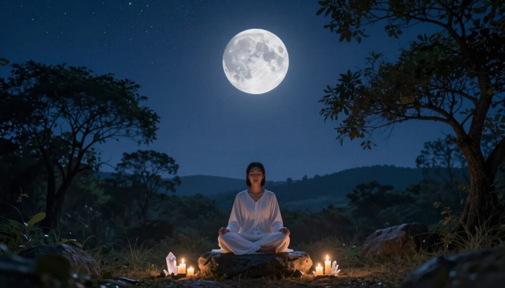 A serene and mystical scene depicting a new moon surrounded by a deep indigo night sky, sprinkled with twinkling stars. In the foreground, a calm figure sits cross-legged on a large stone, wearing simple white clothing, eyes closed in meditation, exuding tranquility and focus. Crystals and candles softly illuminate the area, casting a warm, inviting glow. The middle ground features silhouettes of lush trees framing the scene, creating a sense of shelter and connection to nature. In the background, gentle hills roll into the distance, underlining the sense of peace. The lighting is soft, with a slight haze to enhance the ethereal atmosphere, creating a feel of introspection and new beginnings. The overall mood is one of calm reflection and spiritual renewal, ideal for manifestation practices. A serene and mystical scene depicting a new moon surrounded by a deep indigo night sky, sprinkled with twinkling stars. In the foreground, a calm figure sits cross-legged on a large stone, wearing simple white clothing, eyes closed in meditation, exuding tranquility and focus. Crystals and candles softly illuminate the area, casting a warm, inviting glow. The middle ground features silhouettes of lush trees framing the scene, creating a sense of shelter and connection to nature. In the background, gentle hills roll into the distance, underlining the sense of peace. The lighting is soft, with a slight haze to enhance the ethereal atmosphere, creating a feel of introspection and new beginnings. The overall mood is one of calm reflection and spiritual renewal, ideal for manifestation practices.