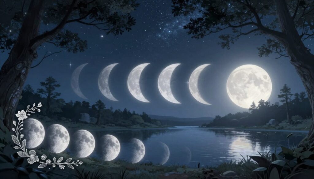 A serene and mystical scene depicting the lunar phases transitioning smoothly from new moon to full moon. In the foreground, a delicately illustrated diagram of the moon phases is entwined with floral motifs symbolizing femininity and fertility. The middle ground features a tranquil landscape under a night sky, with soft, ethereal light illuminating the moon phases, casting gentle reflections on a calm lake. In the background, ancient trees stretch towards the heavens, their silhouettes framed by a starry sky filled with shimmering stars. The atmosphere is magical and contemplative, evoking a sense of wonder and connection to nature's cycles. Use soft, cool colors with a focus on blues and silvers, enhancing the ethereal mood. Capture the scene from a slightly elevated angle to provide depth and a sense of infinity in the night sky.
