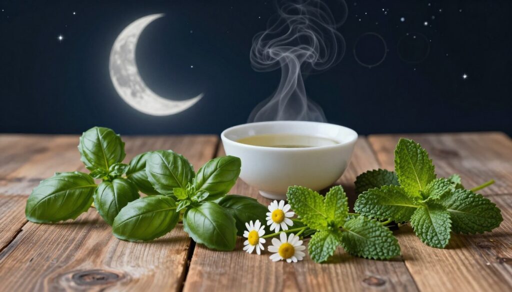 A serene arrangement of new moon herbs artistically displayed on a rustic wooden table. In the foreground, a variety of fresh herbs such as basil, chamomile, and mint, their vibrant greens contrasting sharply against the earthy tones of the wood. Soft, diffused lighting casts gentle shadows, enhancing the textures of the leaves. In the middle ground, a simple white ceramic bowl holds herbal tea steeping, aromatic steam rising gracefully. The background features a subtle representation of a moon phase chart, hinting at the new moon, with faint stars twinkling in a deep navy sky. The overall atmosphere is calm and rejuvenating, embodying the concept of new beginnings associated with the new moon. The composition is viewed at a slight angle to create depth and intrigue.