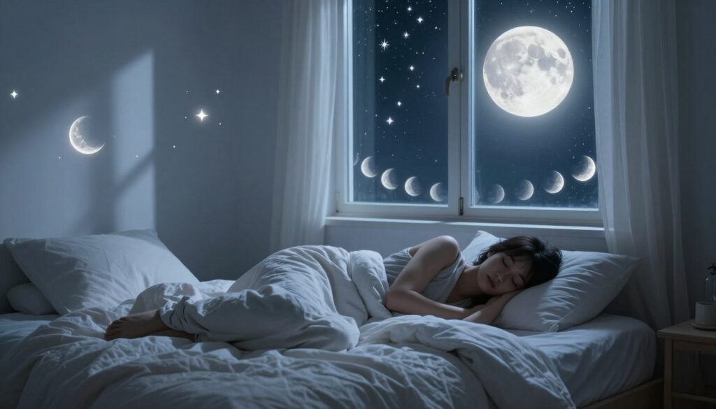 A serene bedroom illuminated by soft, silvery moonlight streaming through a large window, casting delicate shadows on the walls. In the foreground, a neatly made bed with a cozy quilt and plush pillows, suggesting comfort and relaxation. A person, dressed in modest sleepwear, is peacefully asleep, their expression calm and serene, surrounded by floating dreamlike illustrations of phases of the moon and stars, symbolizing the moon's impact on sleep patterns. The background features a tranquil night sky filled with twinkling stars and a large, full moon glowing gently. Soft, ethereal lighting enhances the dreamy atmosphere, evoking a sense of peace and introspection, with a slightly bluish hue to reflect the nighttime setting. A serene bedroom illuminated by soft, silvery moonlight streaming through a large window, casting delicate shadows on the walls. In the foreground, a neatly made bed with a cozy quilt and plush pillows, suggesting comfort and relaxation. A person, dressed in modest sleepwear, is peacefully asleep, their expression calm and serene, surrounded by floating dreamlike illustrations of phases of the moon and stars, symbolizing the moon's impact on sleep patterns. The background features a tranquil night sky filled with twinkling stars and a large, full moon glowing gently. Soft, ethereal lighting enhances the dreamy atmosphere, evoking a sense of peace and introspection, with a slightly bluish hue to reflect the nighttime setting.