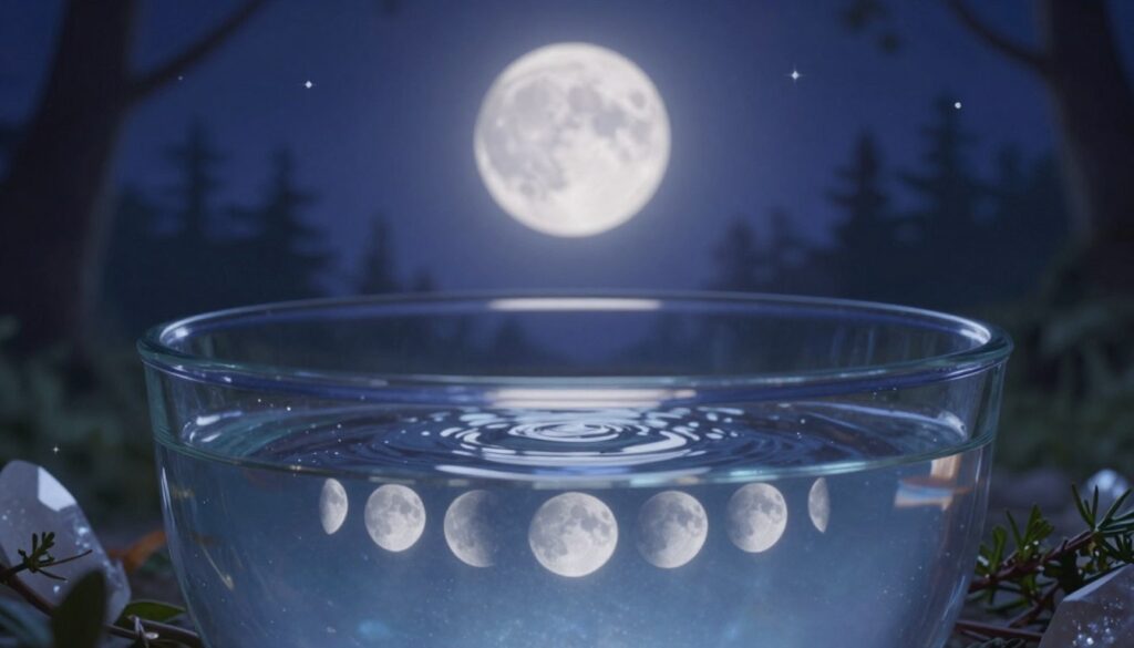 A serene close-up of a glass container filled with water, showcasing the gentle reflections of various moon phases on the surface. In the foreground, small crystals and herbs can be seen resting around the container, hinting at natural elements used in the process of making moon water. The middle ground features a softly glowing full moon illuminated in a deep indigo night sky, partially surrounded by twinkling stars. The background is a blurred, tranquil forest, adding a mystical ambiance. The lighting is soft and ethereal, as if bathed in moonlight, casting delicate shadows. The mood is tranquil and contemplative, evoking a sense of connection to nature and the universe. The camera angle is slightly elevated, providing a magical perspective on the water and moonlight interplay.