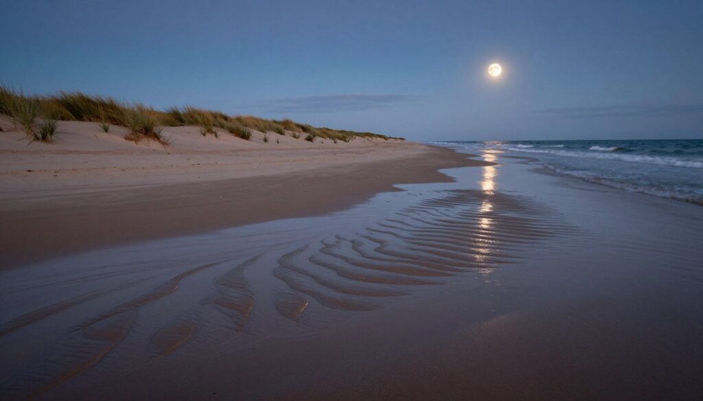 A serene coastline at dusk, showcasing intricate tidal patterns on the sandy beach. In the foreground, gentle waves lap against the shore, creating rhythmic patterns and small tidal pools that reflect the fading light. The middle ground features soft, undulating sand dunes marked by delicate sea grasses swaying in the breeze. The background reveals a vast ocean under a deepening twilight sky, with the moon partially visible, casting a silvery glow on the water. The atmosphere is calm and contemplative, highlighting the scientific beauty of tidal cycles influenced by lunar phases. The scene is illuminated with soft, natural lighting, evoking a sense of tranquility and wonder, viewed from a slightly elevated angle to capture the expansive shoreline.