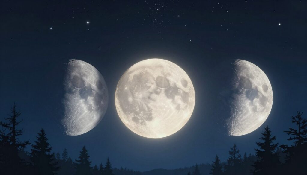 A serene composition illustrating the lunar phases, focusing on the symbolism of the Triple Moon. In the foreground, place three distinct moon phases: the waxing crescent, full moon, and waning crescent, arranged in a gentle curve. Each moon exudes a soft, ethereal glow, with delicate patterns reminiscent of ancient symbols etched upon their surfaces. In the middle ground, a tranquil night sky scattered with shimmering stars enhances the celestial theme. In the background, a silhouette of a mystical forest adds depth, with shadows softly cast by the moonlight. The lighting should be cool and calming, creating an atmosphere of introspection and spirituality. The perspective should be slightly elevated, capturing the full majesty of the scene, inviting viewers into a moment of peaceful contemplation on the lunar cycle.
