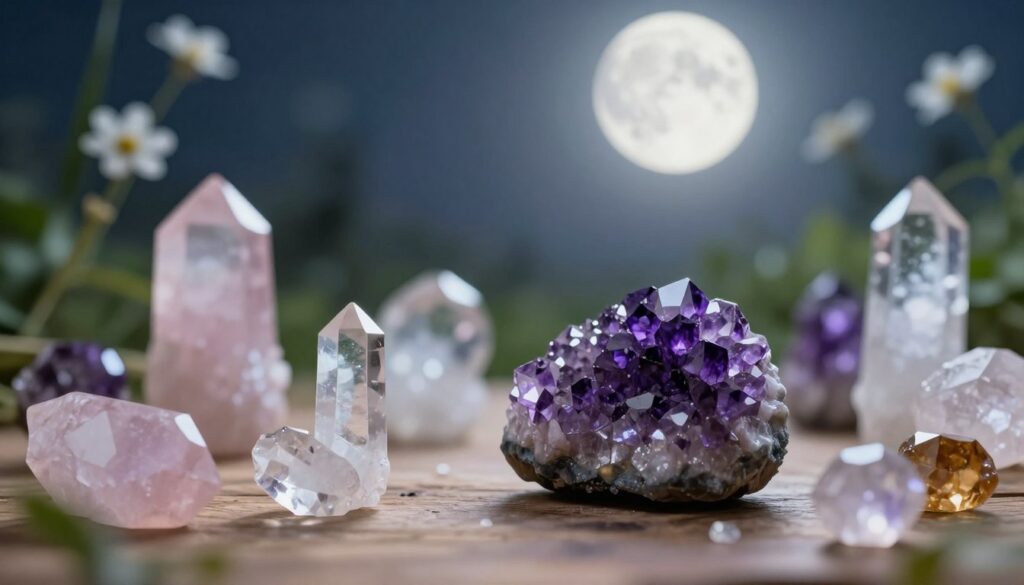 A serene composition showcasing an array of vibrant crystals spread across a soft, natural surface, such as a wooden table. In the foreground, focus on a large, amethyst cluster, with its deep purple hues sparkling under gentle, diffused moonlight. Surrounding the amethyst, smaller crystals like rose quartz, clear quartz, and citrine reflect various shades and glimmers. In the middle ground, hints of lush greenery and delicate white flowers create an organic feel, enhancing the intuition theme. The background features a softly lit night sky, with a luminous full moon casting a calming silver glow over the entire scene. The atmosphere is tranquil yet mystical, invoking a sense of deep connection and heightened awareness. Capture this scene with a close-up lens and soft focus to emphasize the crystal details. A serene composition showcasing an array of vibrant crystals spread across a soft, natural surface, such as a wooden table. In the foreground, focus on a large, amethyst cluster, with its deep purple hues sparkling under gentle, diffused moonlight. Surrounding the amethyst, smaller crystals like rose quartz, clear quartz, and citrine reflect various shades and glimmers. In the middle ground, hints of lush greenery and delicate white flowers create an organic feel, enhancing the intuition theme. The background features a softly lit night sky, with a luminous full moon casting a calming silver glow over the entire scene. The atmosphere is tranquil yet mystical, invoking a sense of deep connection and heightened awareness. Capture this scene with a close-up lens and soft focus to emphasize the crystal details.
