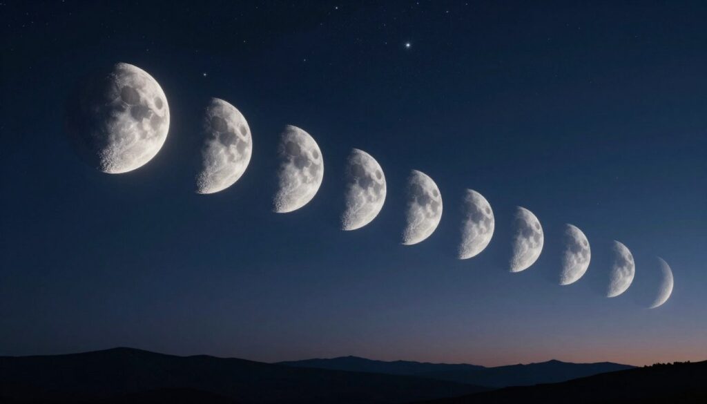 A serene cosmic scene depicting the lunar phases, featuring a crescent moon transitioning into a gibbous moon. In the foreground, a series of moons is arranged in a smooth arc, each phase clearly defined with intricate craters and textures illuminated by soft silvery light. The middle layer showcases a deep navy blue sky speckled with twinkling stars, emphasizing the moons' ethereal glow. The background fades into a hint of twilight, where dark silhouettes of distant mountains create a tranquil atmosphere. The lighting is soft and luminous, capturing the mystical qualities of the moon. A wide-angle perspective enhances the vastness of the scene, infusing it with a sense of wonder and contemplation. The entire composition reflects a calming, celestial mood, perfect for exploring the science of lunar phases. A serene cosmic scene depicting the lunar phases, featuring a crescent moon transitioning into a gibbous moon. In the foreground, a series of moons is arranged in a smooth arc, each phase clearly defined with intricate craters and textures illuminated by soft silvery light. The middle layer showcases a deep navy blue sky speckled with twinkling stars, emphasizing the moons' ethereal glow. The background fades into a hint of twilight, where dark silhouettes of distant mountains create a tranquil atmosphere. The lighting is soft and luminous, capturing the mystical qualities of the moon. A wide-angle perspective enhances the vastness of the scene, infusing it with a sense of wonder and contemplation. The entire composition reflects a calming, celestial mood, perfect for exploring the science of lunar phases.