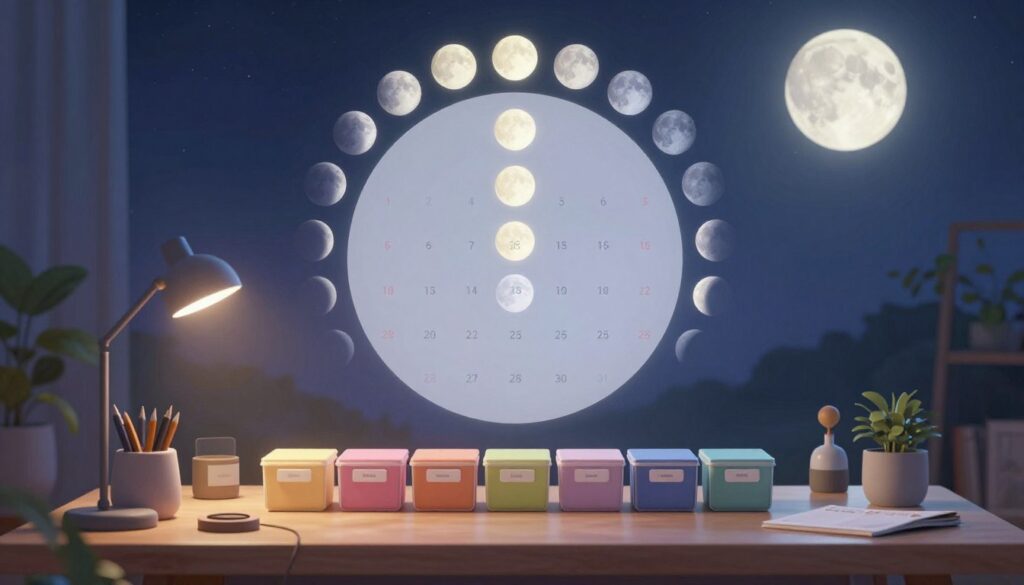 A serene decluttering schedule illustrated against the backdrop of a calming night sky, featuring distinct moon phases from new moon to full moon. In the foreground, a beautifully organized desk with neatly labeled containers, each representing different decluttering tasks aligned with the moon phases. In the middle ground, a large circular calendar displaying the moon phases in soft, pastel colors, emphasizing their connection to ideal decluttering times. The background showcases a tranquil room with soft lighting casting gentle shadows, fostering a peaceful and meditative atmosphere. The scene is infused with a sense of purpose, inviting viewers to embrace the rhythm of natural cycles and their influence on decluttering.