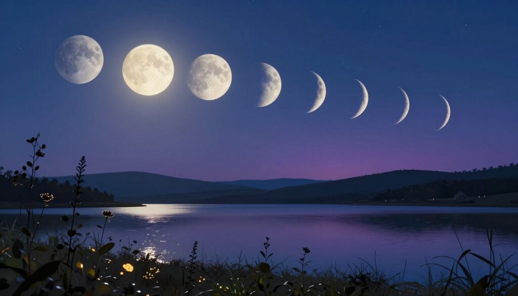 A serene depiction of lunar phases spanning the night sky, showcasing the transition from a bright full moon to a thin crescent. In the foreground, delicate silhouettes of flora symbolize personal growth and transformation, their leaves gently illuminated by moonlight. The middle ground features a tranquil lake reflecting the moon's phases, enhancing the sense of connection between the celestial and earthly realms. In the background, rolling hills fade into a twilight horizon, painted in deep blues and purples, creating a calming atmosphere. Soft, ethereal lighting bathes the scene, with stars twinkling in the clear sky. Capture this celestial harmony at a wide-angle perspective, emphasizing the moon phases and their relationship to personal growth, evoking a mood of tranquility and introspection.