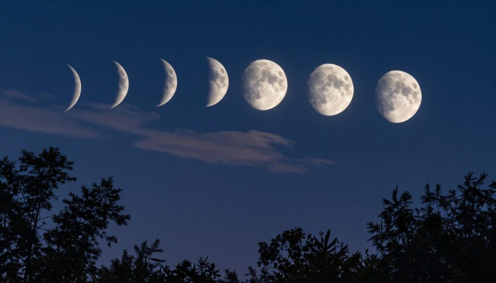A serene depiction of the lunar phases in a night sky, featuring eight distinct phases of the moon arranged in a smooth arc from new moon to full moon and back. In the foreground, delicate silhouettes of dark trees frame the bottom of the image, while the middle layer showcases the shimmering lunar phases illuminated against a deep indigo sky. Soft, ethereal clouds drift across the moons, reflecting a subtle glow. The background features a starry expanse with distant celestial bodies twinkling faintly, adding depth to the scene. Utilize soft lighting to create a tranquil mood, emphasizing the mystical connection between lunar cycles and natural phenomena. Capture the image with a wide-angle lens to enhance the breadth of the sky while ensuring clarity and detail in the moon's surface textures. A serene depiction of the lunar phases in a night sky, featuring eight distinct phases of the moon arranged in a smooth arc from new moon to full moon and back. In the foreground, delicate silhouettes of dark trees frame the bottom of the image, while the middle layer showcases the shimmering lunar phases illuminated against a deep indigo sky. Soft, ethereal clouds drift across the moons, reflecting a subtle glow. The background features a starry expanse with distant celestial bodies twinkling faintly, adding depth to the scene. Utilize soft lighting to create a tranquil mood, emphasizing the mystical connection between lunar cycles and natural phenomena. Capture the image with a wide-angle lens to enhance the breadth of the sky while ensuring clarity and detail in the moon's surface textures.