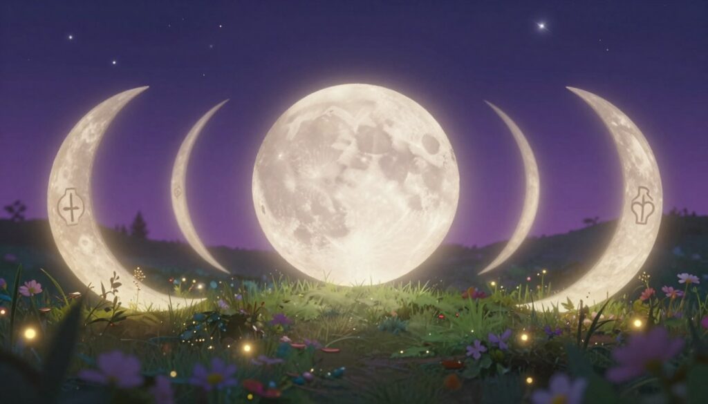 A serene depiction of the lunar phases symbolizing spiritual significance, showcasing the waxing crescent, full moon, and waning crescent in a harmonious arrangement. In the foreground, ethereal glows emanate softly from each moon, highlighting intricate symbols etched on their surfaces representing growth, culmination, and release. In the middle ground, lush greenery and delicate flowers add a sense of earthliness, with subtle shimmering lights to convey a mystical atmosphere. The background features a gradient night sky transitioning from deep purple to midnight blue, dotted with twinkling stars. Soft, ambient moonlight bathes the scene, creating a tranquil and contemplative mood. The image should have a soft focus, emphasizing the luminescence of the moons and their symbolism without any distractions.