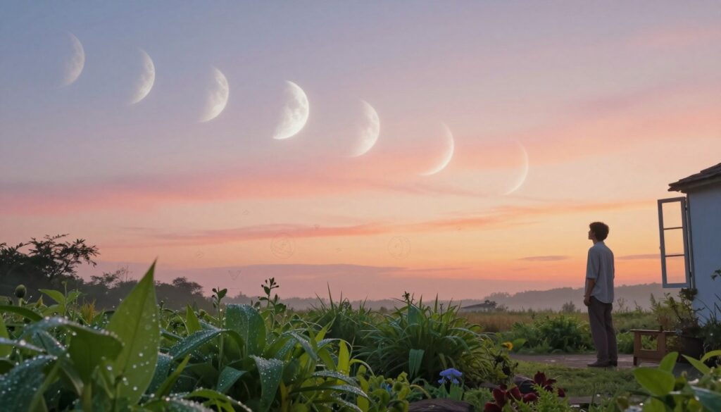A serene depiction of the lunar phases transitioning from a waxing crescent to a last quarter moon, set against a dawn sky filled with warm pastel hues of orange, pink, and soft blue. In the foreground, a peaceful garden with gentle morning dew on vibrant green plants symbolizes new beginnings and the embrace of change. A figure in modest casual clothing stands thoughtfully near a window, gazing at the moon, embodying a tranquil morning routine. In the middle ground, subtle astrological symbols are delicately integrated into the landscape, hinting at cosmic energies influencing daily life. The atmosphere is calm and reflective, illuminated by soft, diffused light that enhances a sense of renewal and growth, captured from a slightly elevated angle to encompass the expansive sky and garden.