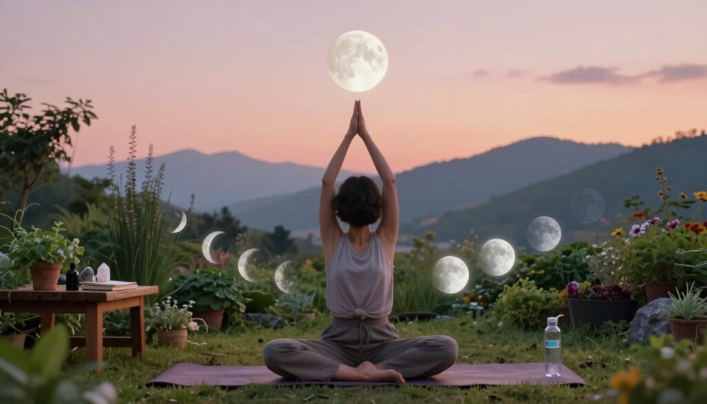 A serene early morning scene depicting an individual engaging in a lunar phase alignment morning routine during the First Quarter moon. In the foreground, a focused person dressed in modest casual clothing is practicing yoga on a soft mat, with moon phases illustrated subtly in the air around them. In the middle ground, a tranquil garden filled with fresh herbs and plants enhances the connection to nature, with a wooden table adorned with crystals, a journal, and a crystal water bottle. The background features a soft pink and orange sky at dawn, with the First Quarter moon glowing gently above a silhouette of distant mountains. The lighting is warm and inviting, capturing the peaceful yet motivational atmosphere of taking action in alignment with the moon’s cycles.