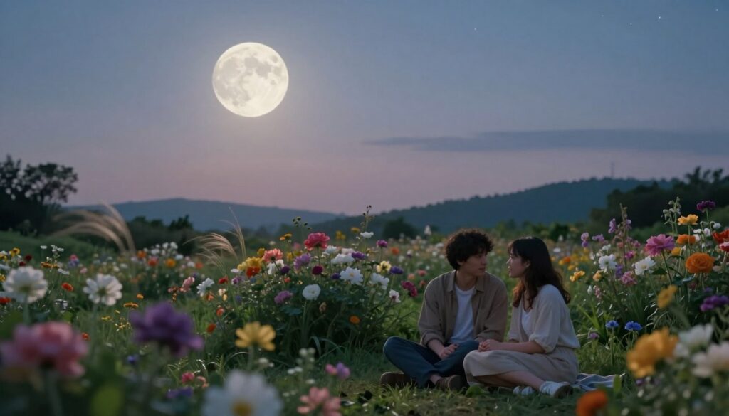 A serene, enchanting scene depicting the waxing moon in a twilight sky, casting a soft, silvery glow over a lush garden filled with blooming flowers symbolizing growth and emotional connection. In the foreground, a couple in modest casual clothing enjoys a quiet moment, gazing at each other with expressions of affection and hope, embodying relationship growth. The middle ground features vibrant blossoms, gently swaying in a light breeze, while the background reveals a peaceful horizon dotted with distant hills and stars beginning to twinkle overhead. The lighting is soft and ethereal, creating a warm, inviting atmosphere that reflects the theme of emotional evolution. The camera angle is slightly elevated, capturing the harmonious balance of nature and human connection under the moonlight.