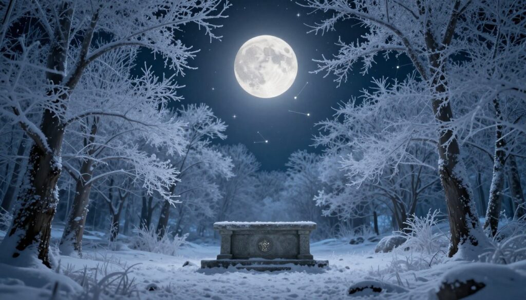 A serene, ethereal landscape illuminated by a luminous full moon, symbolizing the Cold Moon. In the foreground, a tranquil winter forest with glistening frosted trees, their branches shimmering under the moonlight. The middle ground features an ancient stone altar adorned with astrological symbols, subtly glowing under the moon's silvery light. In the background, a vast twinkling starry night sky, with constellations visible, reinforcing the astrological theme. Soft, cool blue and white tones dominate the scene, creating a peaceful and contemplative atmosphere. The image conveys a sense of mystery and introspection, inviting viewers to reflect on the deeper meanings of the Cold Moon. Utilize soft lighting to create gentle shadows, with a slight vignette effect to focus on the altar and the moon.