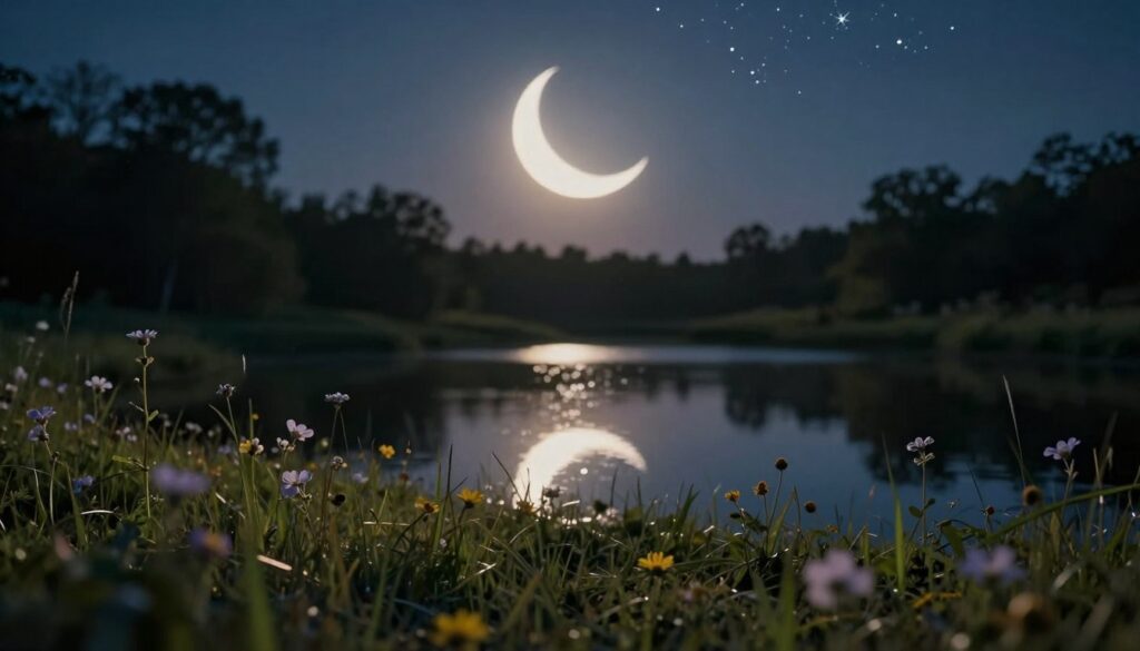A serene evening scene depicting a waxing crescent moon casting gentle silvery light over a tranquil landscape. In the foreground, soft grass and delicate wildflowers emerge, bathed in moonlight, creating a sense of nurturing and growth. The middle ground features a tranquil body of water reflecting the crescent moon and the twinkling stars above, symbolizing emotional depth and exploration. In the background, lush trees silhouette against the night sky, enhancing the peaceful atmosphere. Use soft, warm lighting to evoke a feeling of safety and introspection. The scene captures the essence of inner child work, inviting a sense of curiosity and wonder, with an ethereal, magical mood that inspires personal growth and healing. A serene evening scene depicting a waxing crescent moon casting gentle silvery light over a tranquil landscape. In the foreground, soft grass and delicate wildflowers emerge, bathed in moonlight, creating a sense of nurturing and growth. The middle ground features a tranquil body of water reflecting the crescent moon and the twinkling stars above, symbolizing emotional depth and exploration. In the background, lush trees silhouette against the night sky, enhancing the peaceful atmosphere. Use soft, warm lighting to evoke a feeling of safety and introspection. The scene captures the essence of inner child work, inviting a sense of curiosity and wonder, with an ethereal, magical mood that inspires personal growth and healing.