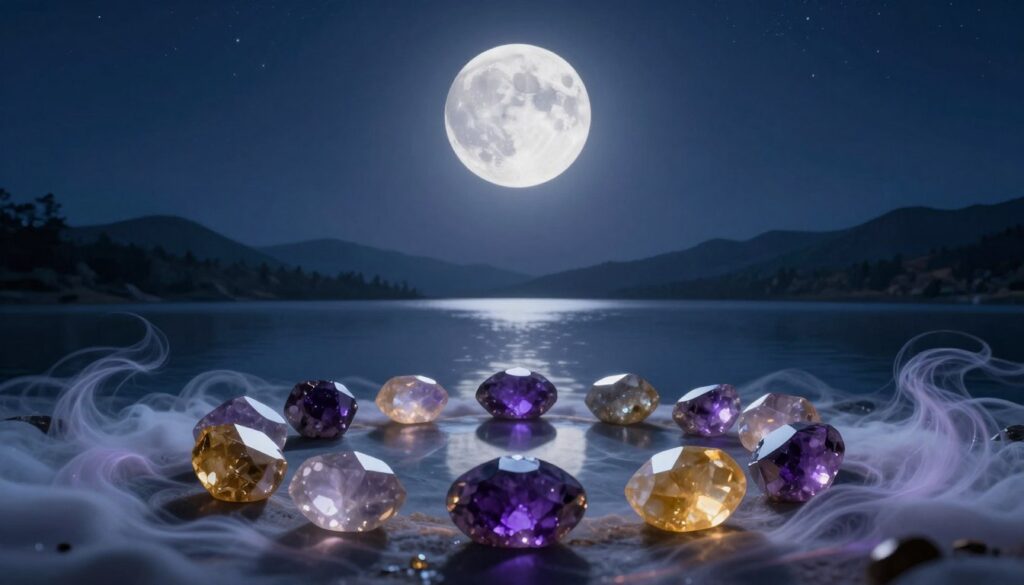 A serene full moon hangs high in a deep indigo sky, its luminous glow casting silver light across a tranquil landscape. In the foreground, a circle of polished gemstones representing manifestation blocks—varying hues of amethyst, citrine, and quartz—are arranged with intention, their facets reflecting the moonlight. Surrounding the gems, soft, ethereal clouds weave like wisps of energy, symbolizing the harnessing of lunar power. In the middle ground, a calm body of water mirrors the full moon, creating a harmonious balance between earth and sky. The background features silhouette of distant mountains under the starlit sky, enhancing the sense of tranquility and introspection. The overall mood evokes a sense of peaceful release and cosmic connection, encouraging viewers to reflect on the power of the full moon in overcoming manifestation barriers. The lighting is soft and diffuse, enhancing the dreamlike atmosphere.