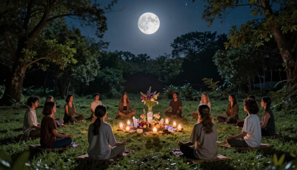 A serene full moon illuminated by soft, silvery light casts an ethereal glow over a sacred outdoor space surrounded by lush trees. In the foreground, a diverse group of people, dressed in modest casual clothing, sit in a circle on the grass, eyes closed and hands resting on their knees, engaged in meditation. The middle ground features mystical elements like lit candles, crystals, and an altar adorned with flowers, symbolizing tranquility and introspection. The background reveals a starry sky blending with the moon's light, enhancing the atmosphere of calm. The focus is captured with a slight aerial angle, emphasizing the gathering while maintaining a warm, inviting ambiance, evoking a sense of connection to nature and heightened emotions during the full moon. A serene full moon illuminated by soft, silvery light casts an ethereal glow over a sacred outdoor space surrounded by lush trees. In the foreground, a diverse group of people, dressed in modest casual clothing, sit in a circle on the grass, eyes closed and hands resting on their knees, engaged in meditation. The middle ground features mystical elements like lit candles, crystals, and an altar adorned with flowers, symbolizing tranquility and introspection. The background reveals a starry sky blending with the moon's light, enhancing the atmosphere of calm. The focus is captured with a slight aerial angle, emphasizing the gathering while maintaining a warm, inviting ambiance, evoking a sense of connection to nature and heightened emotions during the full moon.