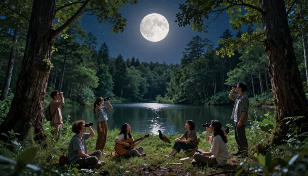 A serene full moon illuminated night scene in a lush forest, framed by towering trees and soft underbrush. In the foreground, a small group of diverse individuals, dressed in comfortable casual clothing, engage in various nature activities like stargazing with binoculars, playing acoustic guitar, and observing wildlife. Their expressions reflect joy and connection with nature. In the middle ground, a clear, calm lake mirrors the moonlight, enhancing the tranquil atmosphere. The background features a starry sky dotted with twinkling stars, adding a mystical quality. The scene is bathed in a soft, silvery glow, evoking a peaceful and harmonious mood, as if inviting the viewer to join in the celebration of nature's beauty under the full moon. A serene full moon illuminated night scene in a lush forest, framed by towering trees and soft underbrush. In the foreground, a small group of diverse individuals, dressed in comfortable casual clothing, engage in various nature activities like stargazing with binoculars, playing acoustic guitar, and observing wildlife. Their expressions reflect joy and connection with nature. In the middle ground, a clear, calm lake mirrors the moonlight, enhancing the tranquil atmosphere. The background features a starry sky dotted with twinkling stars, adding a mystical quality. The scene is bathed in a soft, silvery glow, evoking a peaceful and harmonious mood, as if inviting the viewer to join in the celebration of nature's beauty under the full moon.