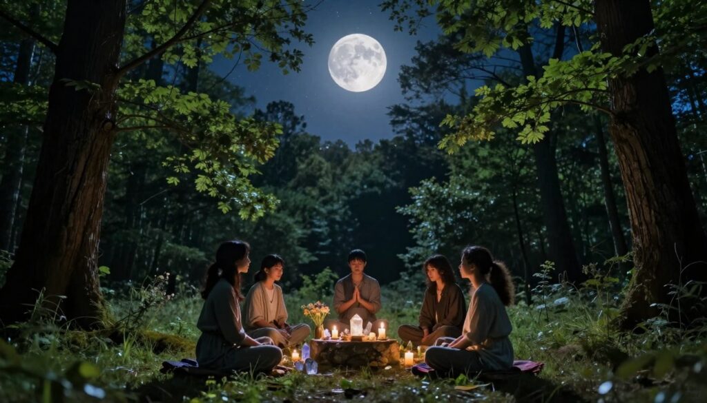 A serene full moon illuminates a tranquil forest clearing, creating a mystical ambience for a lunar ritual. In the foreground, a diverse group of three individuals in modest casual clothing gather around a small stone altar adorned with crystals, candles, and wildflowers. Their expressions reflect a sense of peace and connection with nature. In the middle ground, tall trees frame the scene, their leaves shimmering in the moonlight. The background features a starry sky, with the full moon casting a soft, silvery glow that bathes the entire setting in ethereal light. The atmosphere is tranquil and inviting, evoking a sense of harmony with the natural world. Use wide-angle perspective to capture the expansive beauty of the environment, emphasizing the connection between the participants and the moonlit landscape. A serene full moon illuminates a tranquil forest clearing, creating a mystical ambience for a lunar ritual. In the foreground, a diverse group of three individuals in modest casual clothing gather around a small stone altar adorned with crystals, candles, and wildflowers. Their expressions reflect a sense of peace and connection with nature. In the middle ground, tall trees frame the scene, their leaves shimmering in the moonlight. The background features a starry sky, with the full moon casting a soft, silvery glow that bathes the entire setting in ethereal light. The atmosphere is tranquil and inviting, evoking a sense of harmony with the natural world. Use wide-angle perspective to capture the expansive beauty of the environment, emphasizing the connection between the participants and the moonlit landscape.