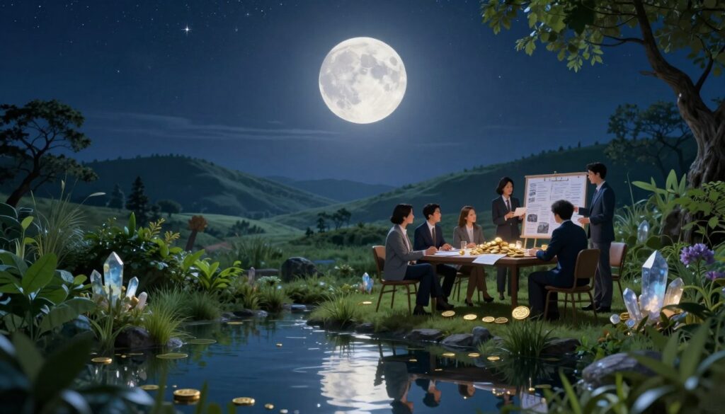 A serene full moon illuminates a tranquil night sky filled with twinkling stars, casting a soft, silvery glow over a peaceful landscape. In the foreground, a reflective pond captures the moon's light, surrounded by lush, vibrant greenery that symbolizes growth and abundance. In the middle ground, a diverse group of individuals in professional business attire gather around a table adorned with golden coins, crystals, and vision boards, sharing ideas and visions of financial success. The background features rolling hills under the moonlit sky, enhancing the atmosphere of tranquility and potential. The scene is bathed in cool, soft blue tones, with hints of warm gold, creating a mood of optimism and abundance, evoking the essence of financial manifestation during the full moon phase. A serene full moon illuminates a tranquil night sky filled with twinkling stars, casting a soft, silvery glow over a peaceful landscape. In the foreground, a reflective pond captures the moon's light, surrounded by lush, vibrant greenery that symbolizes growth and abundance. In the middle ground, a diverse group of individuals in professional business attire gather around a table adorned with golden coins, crystals, and vision boards, sharing ideas and visions of financial success. The background features rolling hills under the moonlit sky, enhancing the atmosphere of tranquility and potential. The scene is bathed in cool, soft blue tones, with hints of warm gold, creating a mood of optimism and abundance, evoking the essence of financial manifestation during the full moon phase.
