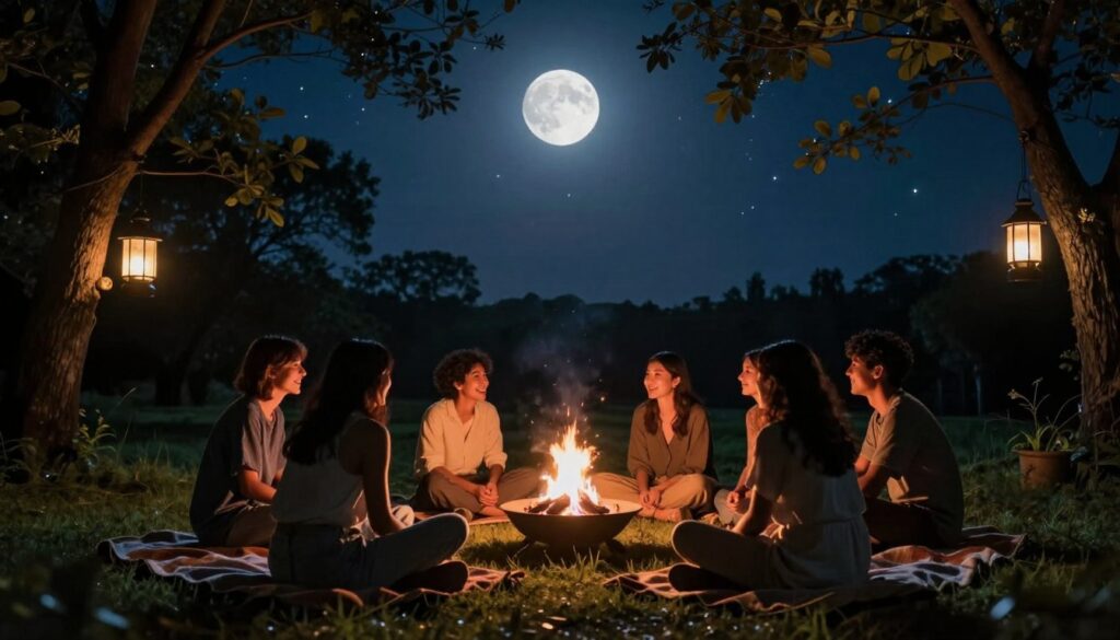 A serene full moon illuminates a tranquil outdoor gathering, creating a magical atmosphere. In the foreground, a diverse group of five friends, dressed in modest casual clothing, sit on soft blankets, sharing laughter and meaningful conversations around a small fire pit. The middle ground features softly glowing lanterns hanging from nearby trees, casting gentle light on their faces. In the background, the night sky is filled with twinkling stars, while the moon hangs low, radiating a silvery glow over the scene. The mood is warm and inviting, expressing a sense of community and emotional support. The perspective is slightly from above, capturing the expansive night sky and the intimate gathering below, with a focus on the connections among the group.