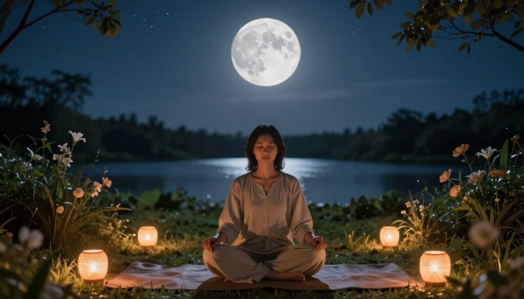 A serene full moon illuminates a tranquil outdoor meditation space. In the foreground, a person dressed in comfortable, modest clothing sits cross-legged on a soft mat, their eyes gently closed in deep meditation. Soft, glowing lanterns are strategically placed around them, casting warm light and creating a peaceful ambiance. In the middle ground, lush greenery and gentle flowers frame the scene, enhancing the natural setting. The background features a clear night sky, filled with twinkling stars, and the full moon radiates a soft, silvery light, reflecting on a calm body of water nearby. The atmosphere is tranquil and calming, embodying a sense of connection to the universe and the peaceful energy of the full moon. A serene full moon illuminates a tranquil outdoor meditation space. In the foreground, a person dressed in comfortable, modest clothing sits cross-legged on a soft mat, their eyes gently closed in deep meditation. Soft, glowing lanterns are strategically placed around them, casting warm light and creating a peaceful ambiance. In the middle ground, lush greenery and gentle flowers frame the scene, enhancing the natural setting. The background features a clear night sky, filled with twinkling stars, and the full moon radiates a soft, silvery light, reflecting on a calm body of water nearby. The atmosphere is tranquil and calming, embodying a sense of connection to the universe and the peaceful energy of the full moon.